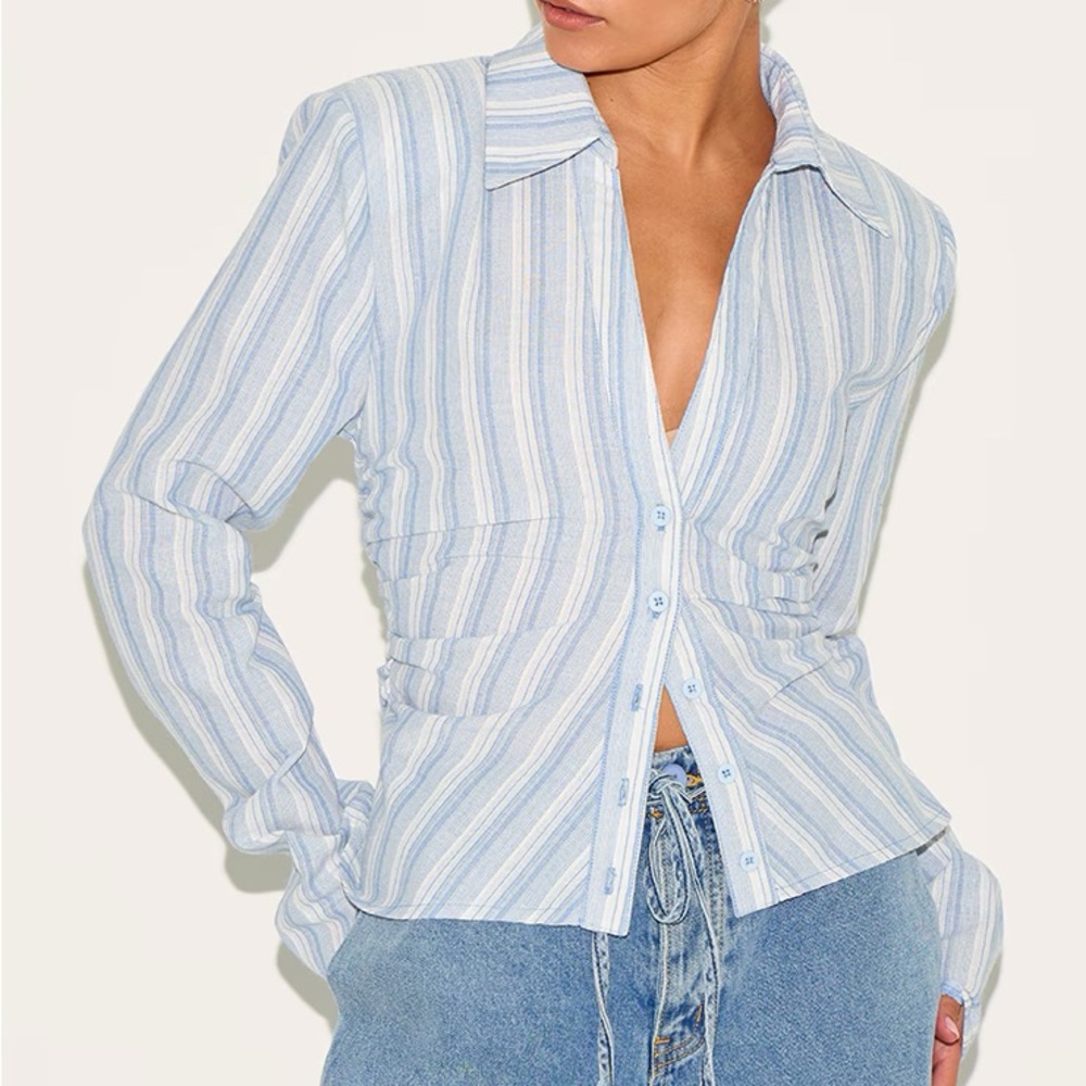 PrettyLittleThing Petite Stripe Linen Look Shoulder Padded Fitted Shirt